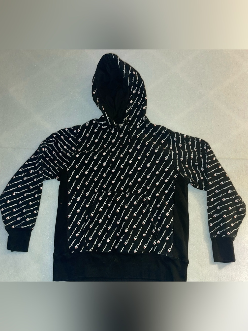 Champion Black Hoodie with Allover White Logo Print